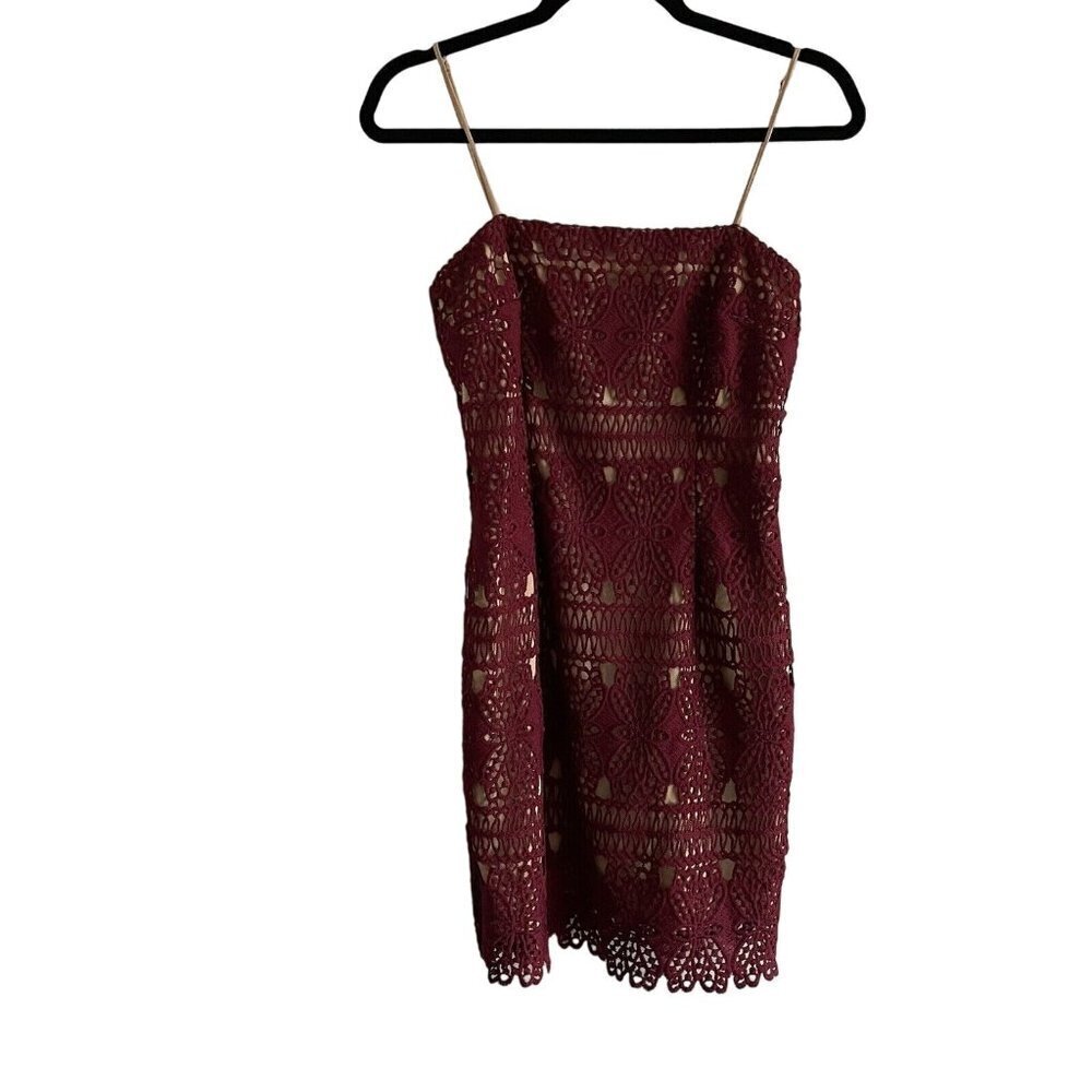 Lulus Women S Spaghetti Straps Adara Burgundy Crochet Lace Sheath Mini Dress - Picture 2 of 9